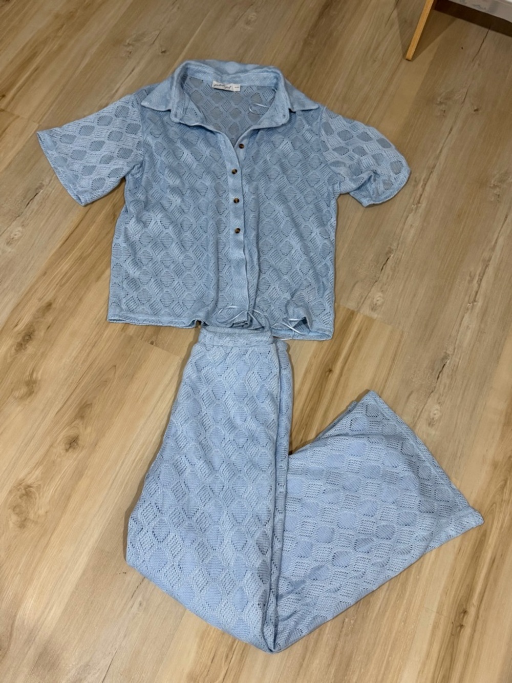 Light Blue Knit Two-Piece Pants Set - Casual Collared Top & Wide Leg Pants